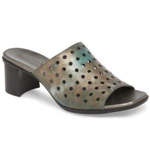 Munro Narrow Jules Mule Sandal in Metallic Teal Perforated Leather